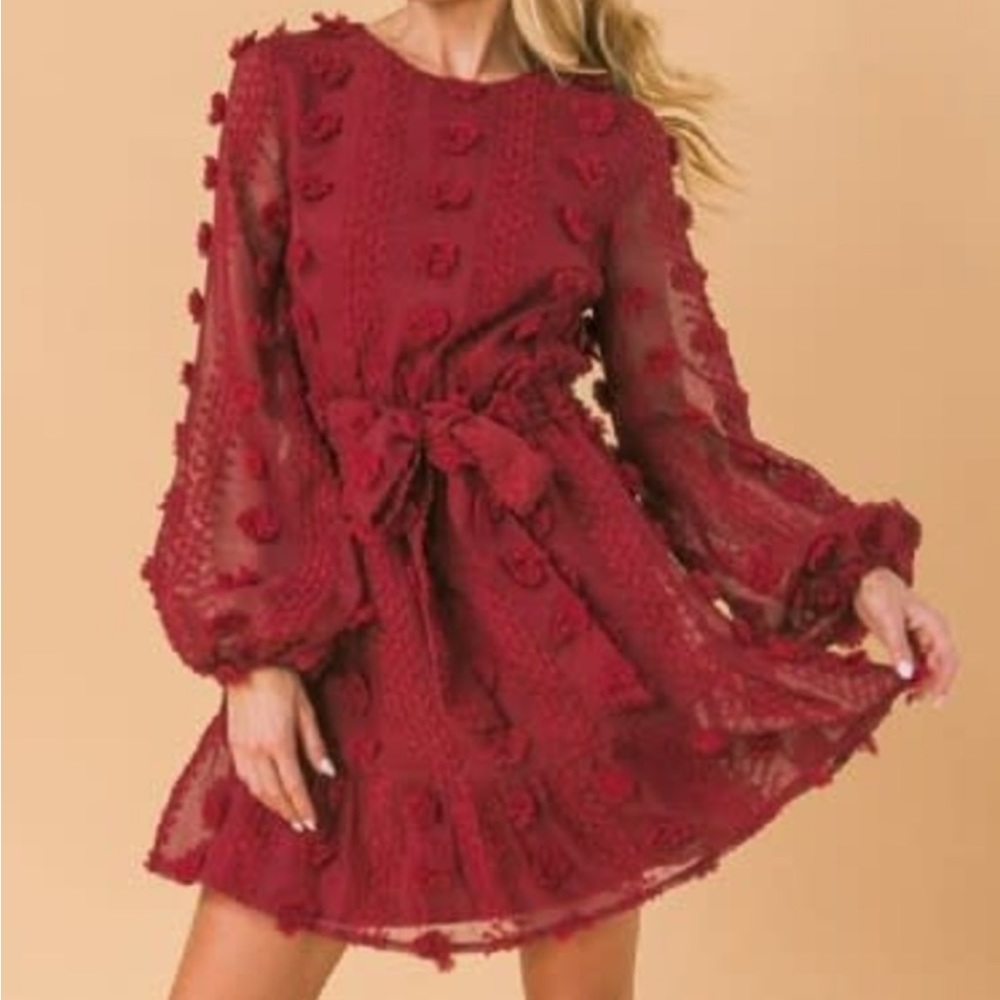 A. CALIN Pompom red peasant sleeve flirty mini dress round neck ladies medium